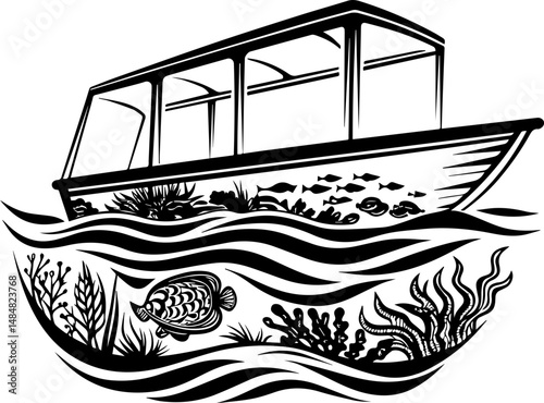 SVG vector representing eco-tourism in the ocean. Underwater Scene with Boat and Sea Life in Black and White Design
