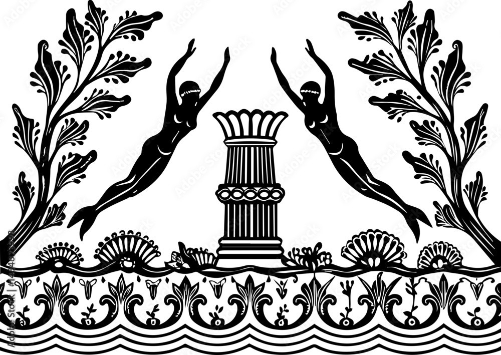 Naklejka premium SVG vector representing eco-tourism in the ocean. Elegant Black and White Artwork of Diving Figures and Floral Motifs
