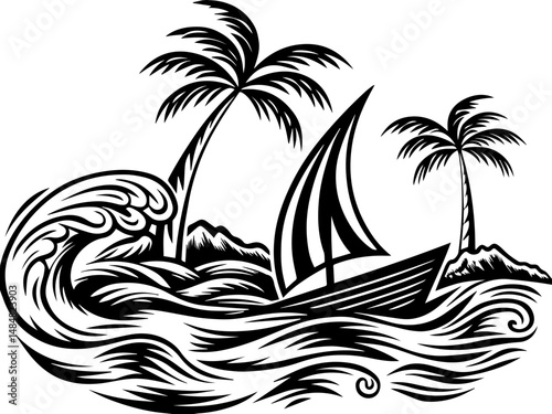 SVG vector representing eco-tourism in the ocean. Black and White Tropical Scene with Sailboat and Palm Trees