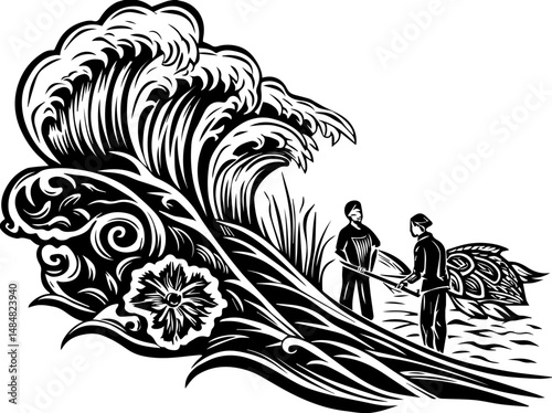 SVG vector representing eco-tourism in the ocean. Fishermen Bringing in the Catch by Ocean Waves in Black and White