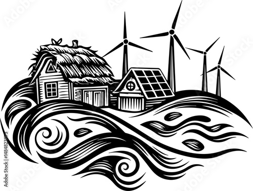 SVG vector representing eco-tourism in the ocean. Rural Landscape with Wind Turbines and Eco-Friendly Home Design