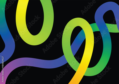 Abstract colour wavy line patterns on a black background. Rainbow ribbon design.
