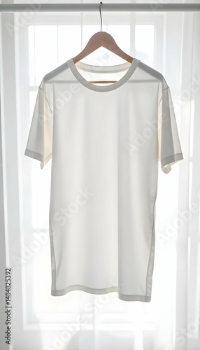 Plain white t-shirt hanging and fluttering slowly in a gentle breeze, isolated on white background, high detail fabric texture, realistic lighting, mockup style