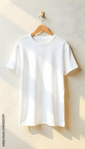 Plain white t-shirt hanging and fluttering slowly in a gentle breeze, isolated on white background, high detail fabric texture, realistic lighting, mockup style