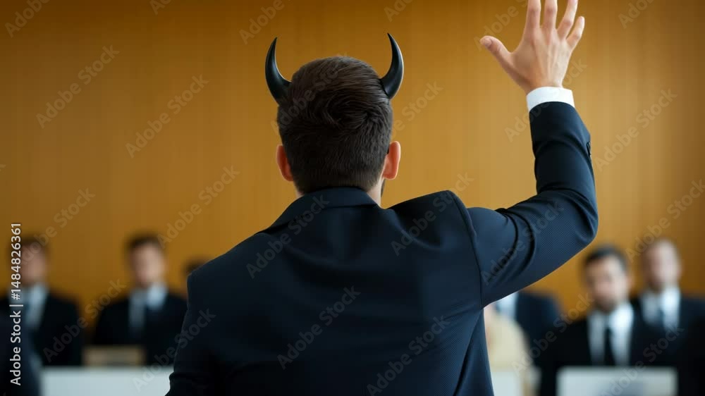 Lawyer with devil horns presenting case in courtroom during trial with attentive jury