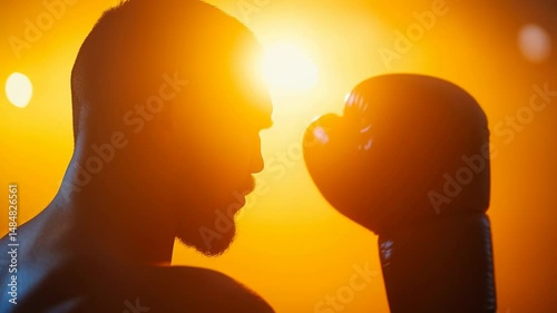 Boxers prepare for a match with a dramatic silhouette against an orange backdrop during early morning training