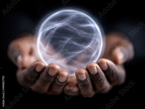 Captivating hands holding a luminous crystal sphere infused with energy and ethereal light revealing a sense of connection to the universe and exploration of potential energy