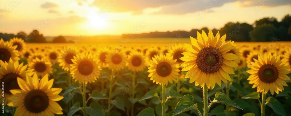 Fototapeta premium Golden hour sunlight bathes a field of sunflowers, creating a vibrant, fair yellow landscape Perfect for summer, nature, and harvest themes , warm, radiant