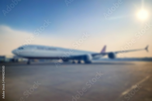 blurry airport scene, airplanes are seen parked at a deserted airport, without people, with a blurry airplane background