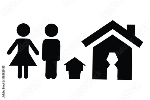Family facing housing crisis, symbolized by broken home icon.