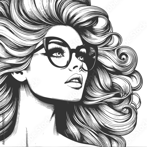 woman with large glasses and voluminous wavy hair, gazing thoughtfully sketch engraving generative ai fictional character vector illustration. Scratch board imitation. Black and white image.
