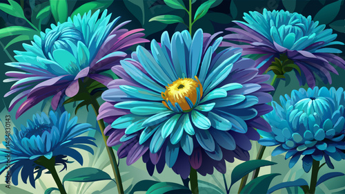 Floral garden. Dark cyan flowers New York aster or Aster novi-belgii (Latin: Symphyotrichum novi-belgii) close up. Selective soft focus.. very beautiful