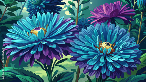 Floral garden. Dark cyan flowers New York aster or Aster novi-belgii (Latin: Symphyotrichum novi-belgii) close up. Selective soft focus.. very beautiful