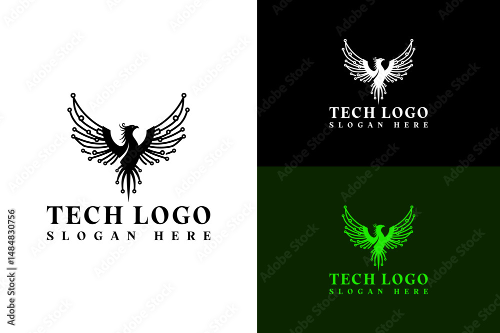 Obraz premium phoenix with circuit web wings and tail illustration, icon, vector logo for cloud computing, software house, web development, database, data science, artificial intelligence, and more