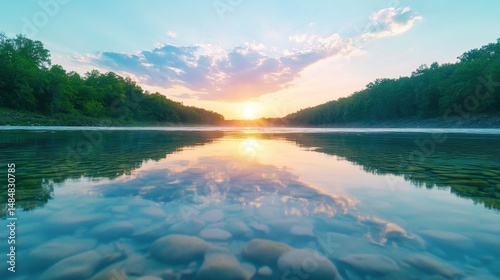 Haze of clouds settling over a river bend, muting the colors and sharpening reflections.