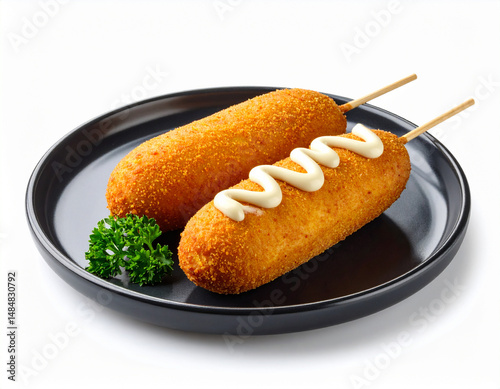Two corn dogs on a plate, isolated on a white background. photo