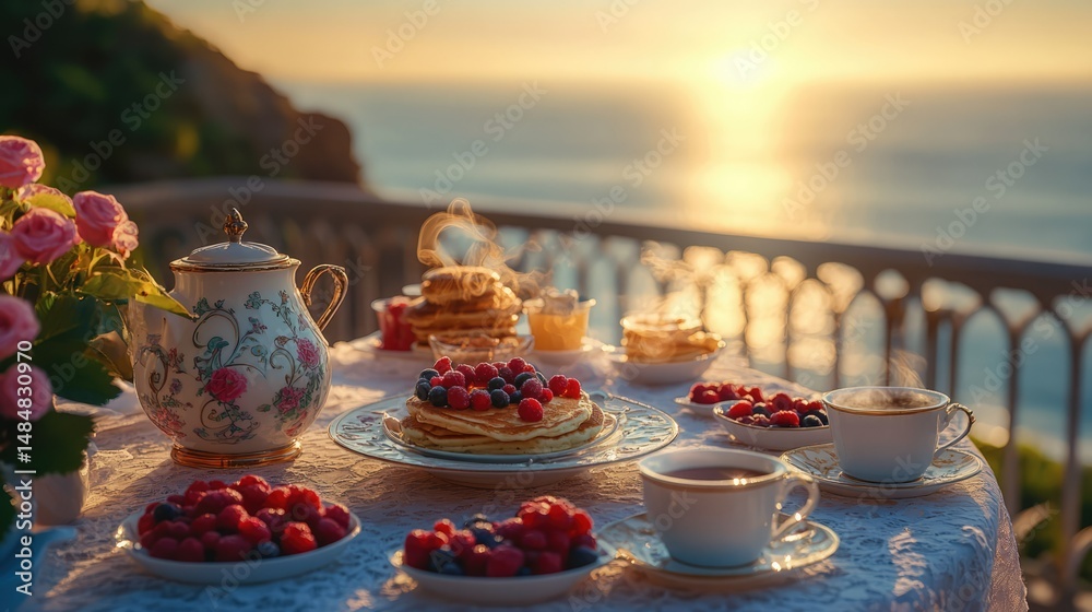 Fototapeta premium Delicious breakfast table setting with pancakes berries and tea enjoyed with beautiful ocean view