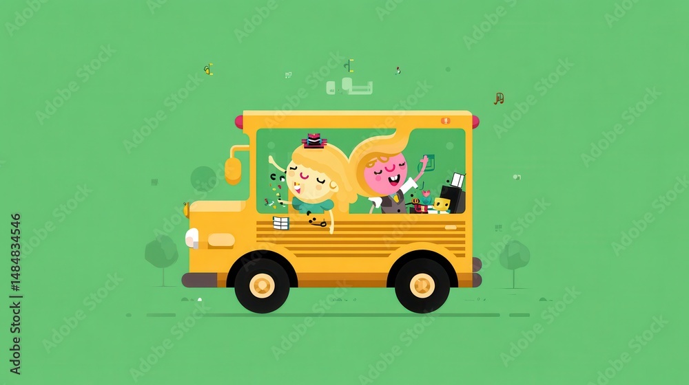 Naklejka premium Back to School Bus Adventure: Children's Illustration