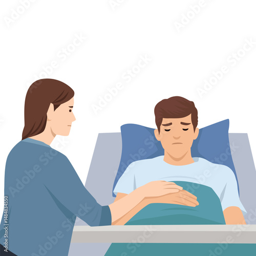 Woman sits beside a man in a hospital bed, offering comfort and support during his recovery. Flat vector illustration isolated on white background