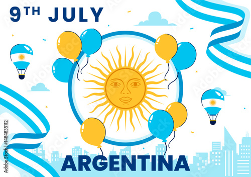 Happy Argentina Independence Day Vector Illustration on 9th of July Celebration Featuring Waving Flag and Ribbon in a Festive Cartoon Background
