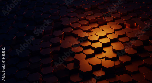 Abstract 3d render of geometric hexagon shapes with warm lighting and dark shadows
