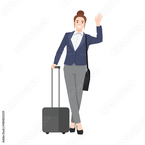 Professional woman dressed in business attire waves while holding a suitcase, ready for her journey. Flat vector illustration isolated on white background