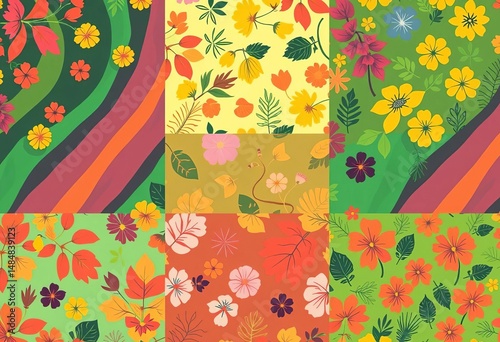 Seamless nature patterns in vibrant colors, ready-to-use Illustrator swatches, orange, nature