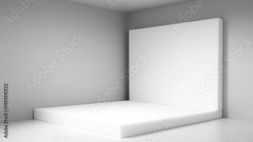 A minimalist white room with a large white wall and a white platform.
