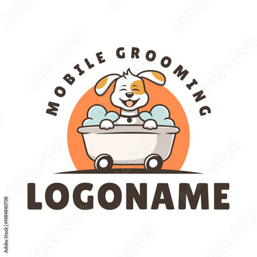 Dog is in a bathtub with a logo for mobile grooming. dog grooming logo template