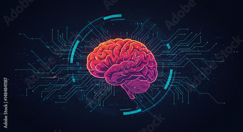Conceptual illustration of an artificial intelligence brain surrounded by digital circuit board elements