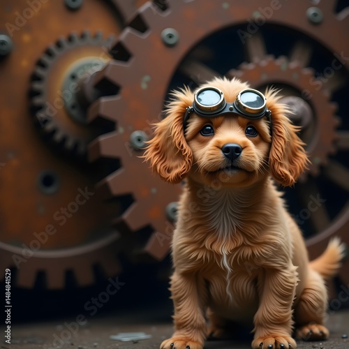 Goggled Brown Dog Beside Aged Rusty Gears in Whimsical Steampunk-Inspired Industrial Setting