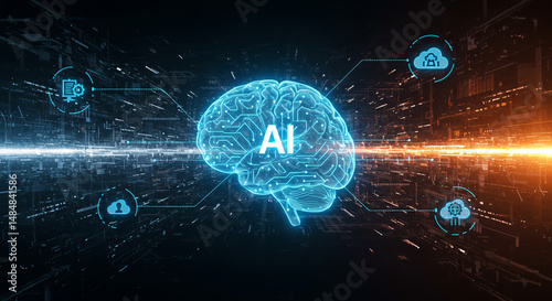 Conceptual illustration of artificial intelligence with brain and cloud technology connections