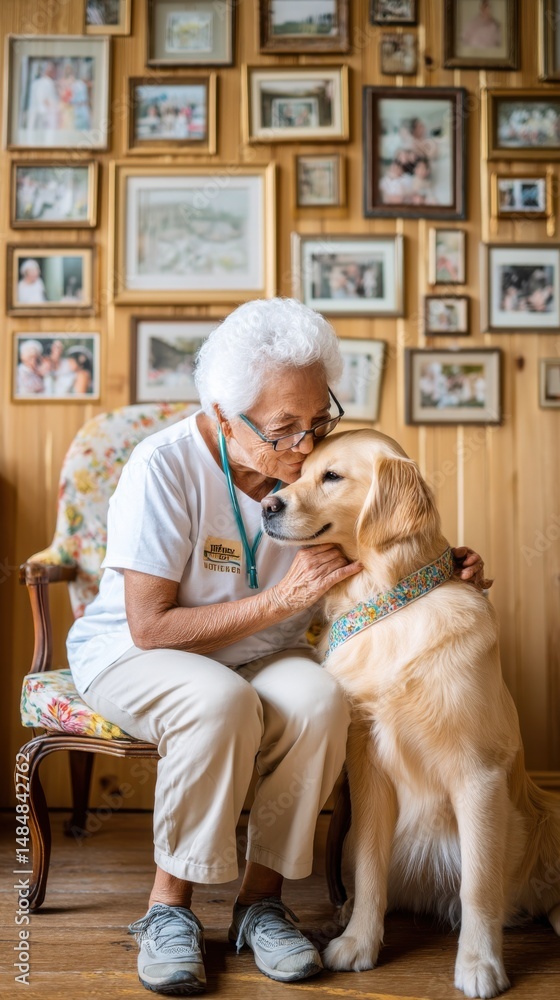 Elderly woman shares affectionate moment with golden retriever in cozy room filled with family photographs Elderly woman shares affectionate moment with golden retriever in cozy room filled with family photographs