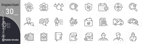 inspection related icon collections. Containing Inspection, Audit, Check, Review, Quality, Control, Survey, Report, Verification, and Assessment icons. Editable Stroke. Outline icon.