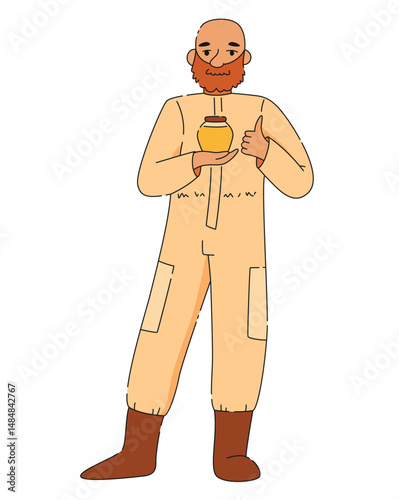 Male beekeeper in protective suit holding jar of honey and showing thumbs up