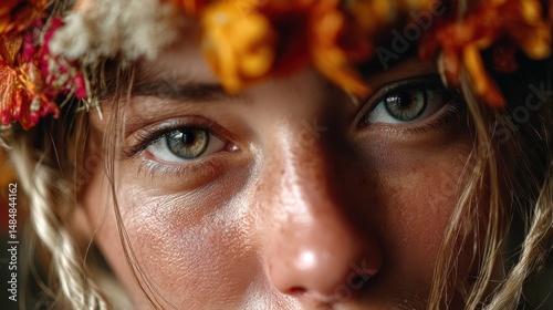 Close-up of a person with striking green eyes adorned with a floral crown during a cultural celebration in a natural setting at dusk