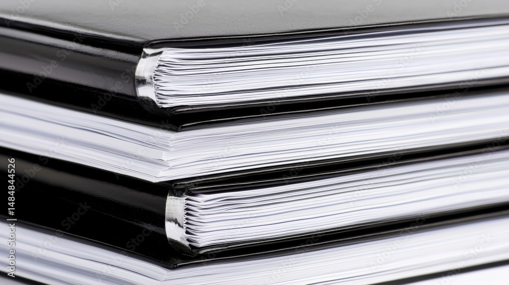 A stack of three books with black spines and white pages. A stack of three books with black spines and white pages.
