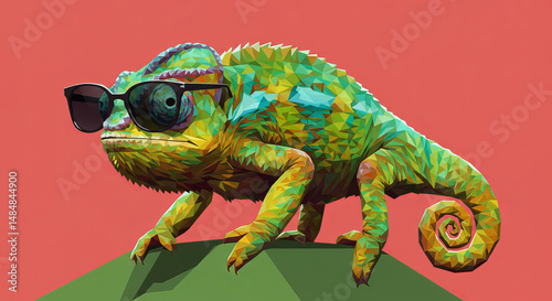 Low poly chameleon wearing sunglasses posing against a bright coral background