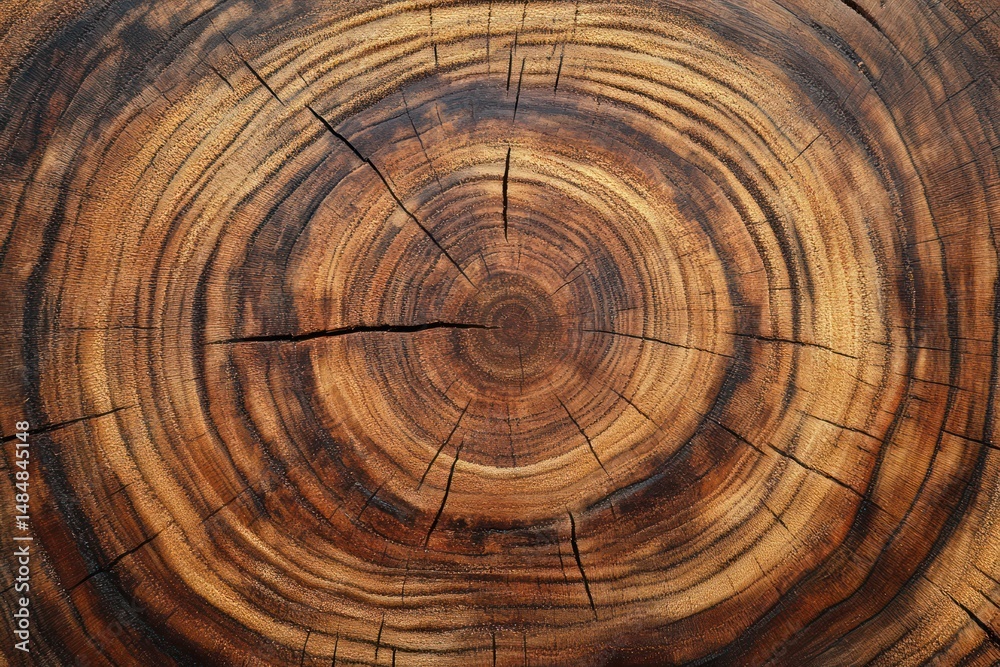 Naklejka premium Tree Ring Pattern on Hardwood Log End Close-Up