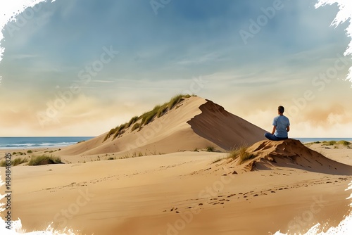 A person meditating or practicing yoga on a dune ridge in watercolor style