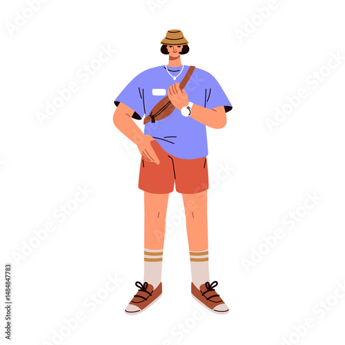 Man in modern-style summer outfit. Fashion young male in panama hat, t-shirt, shorts, cross-body bag. Person in comfortable casual urban clothing. Flat vector illustration isolated on white background