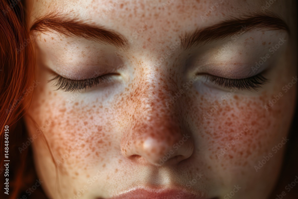 Fototapeta premium Serene freckled woman with closed eyes and relaxed expression