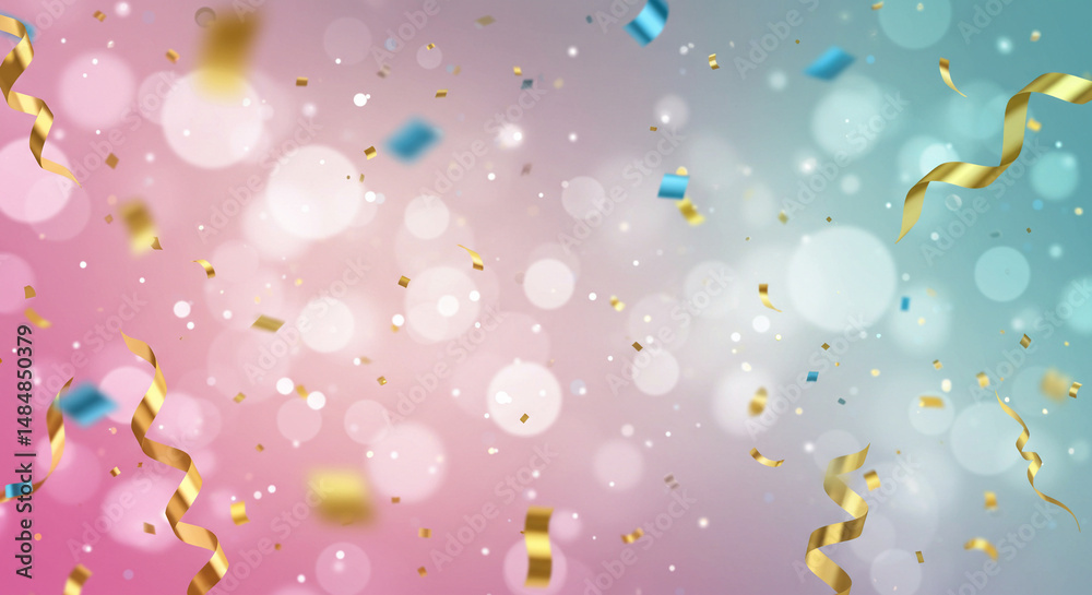 Fototapeta premium Confetti and Ribbons Fall on Blurred Background for Celebration, Festive Design