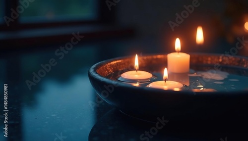 Serene floating candles in a dark blue water basin, illuminated in a dimly lit room , atmosphere, night, light