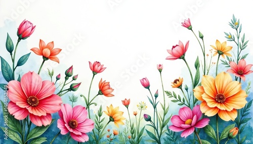 Watercolor painted flowers, continuous garden design, fabric, digital