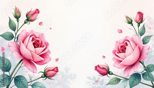 Delicate watercolor roses & buds, soft pastel hues, pretty, floral