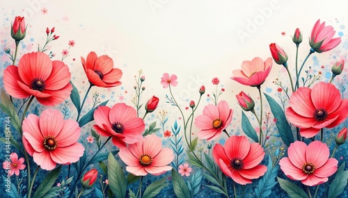 Overlapping, watercolor-style blooms creating unified floral field, seamless, delicate, bloom