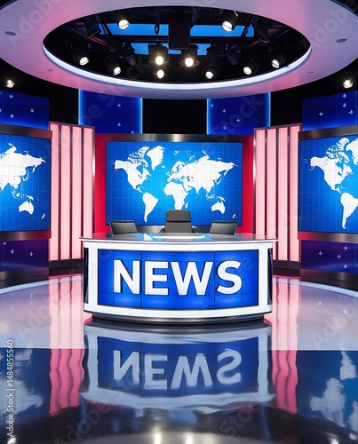 Empty futuristic TV news set with digital world background, LED lights, and glossy surfaces, designed for live broadcasting, media reporting, and real-time global updates


