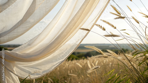 Soft, flowing curtain fabric with golden grasses swaying in the gentle breeze, creating a serene outdoor ambiance ideal for nature photography and peaceful scenery