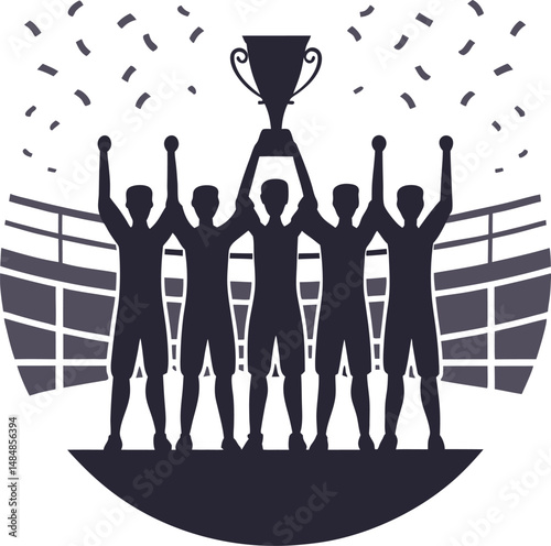 Team of Five Athletes Celebrating Victory with Trophy in Stadium